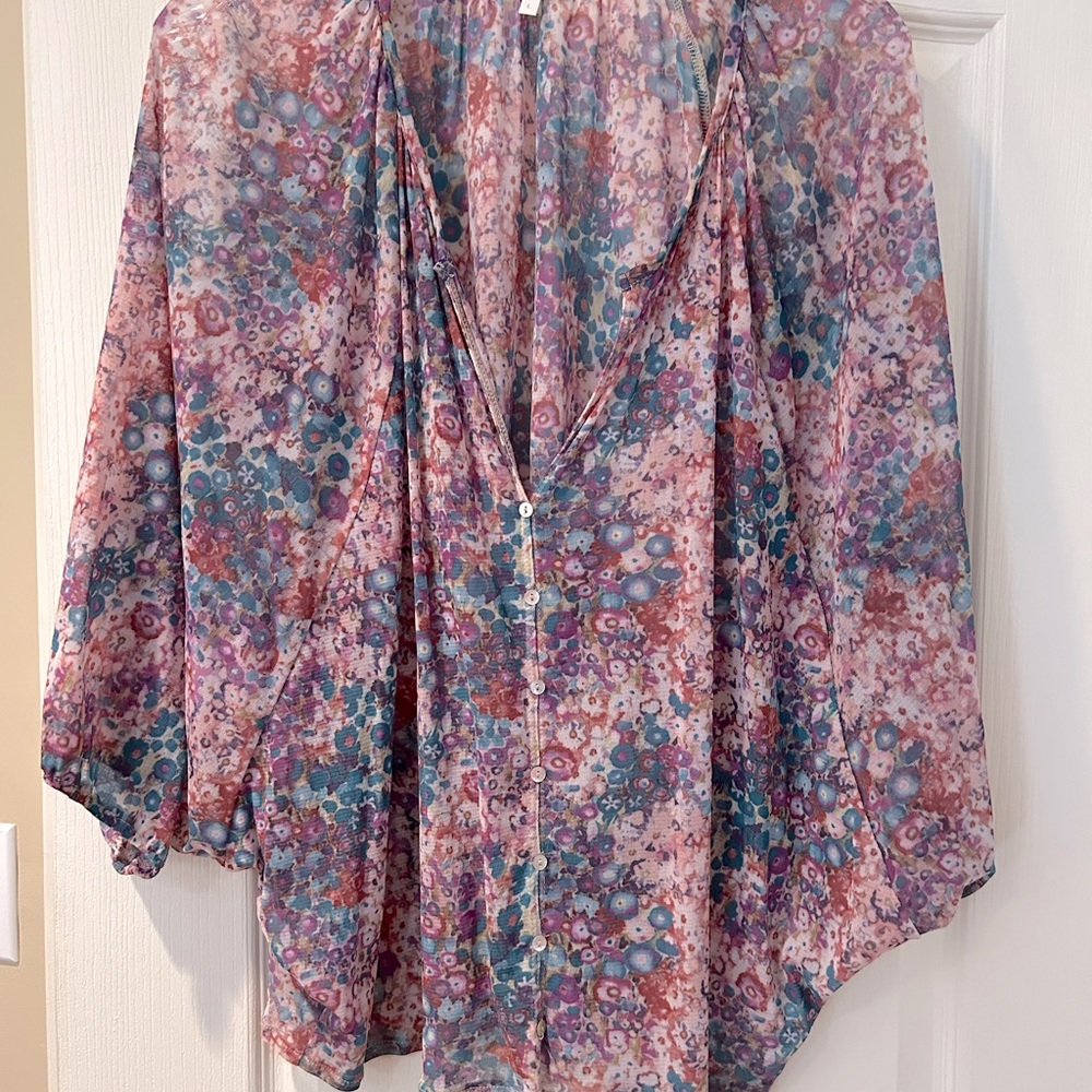 Purple and Green Asymmetrical Blouse with Bell Sleeves from Anthropologie